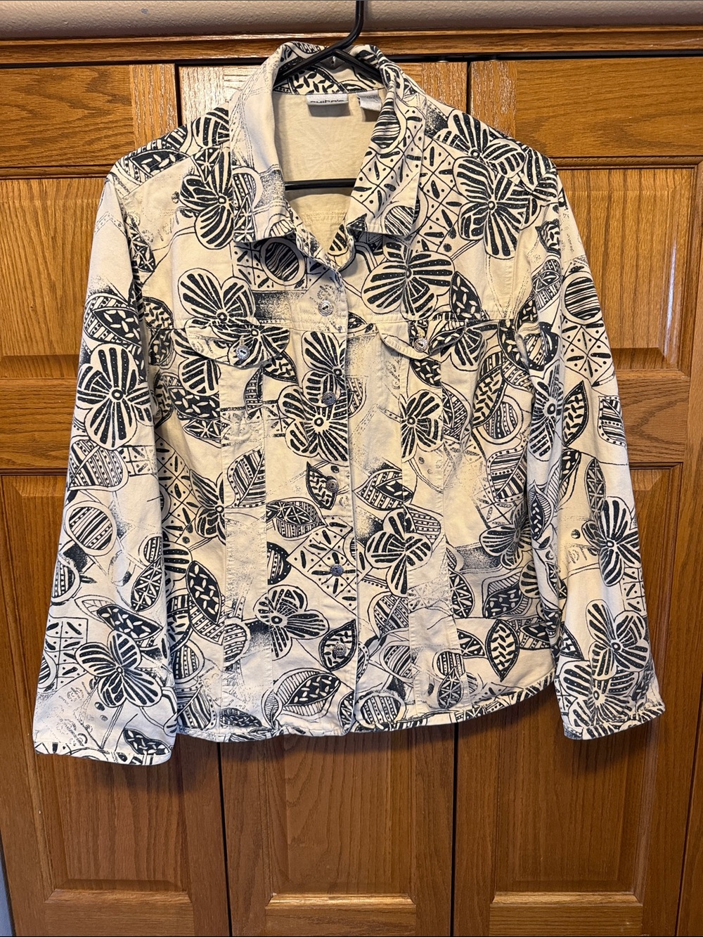 Chico's Black & White Floral Print Denim Jacket-Size 2